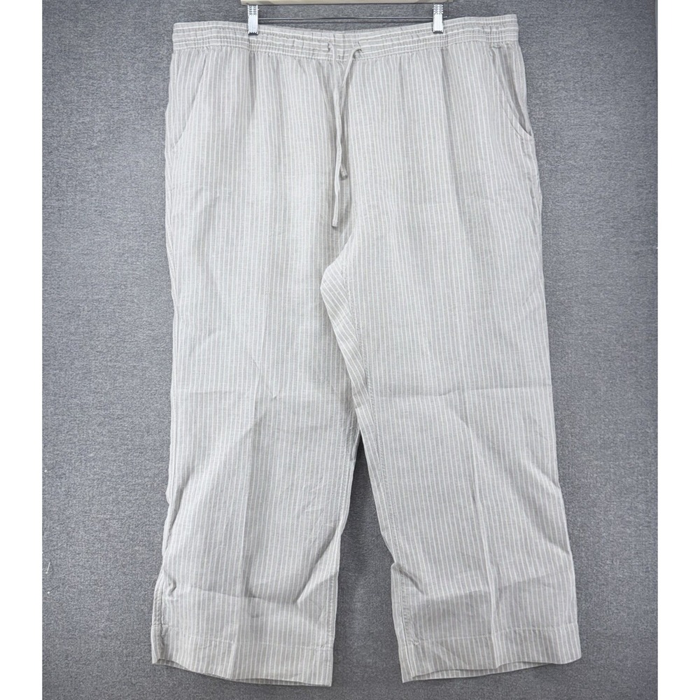 LL Bean Wide Leg Pants Women Size 24W Beige Striped Linen Casual Beach Resort